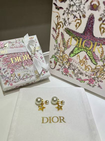 Dior Gold Stern Perle Doppel Kugel Ohrringe-3707  